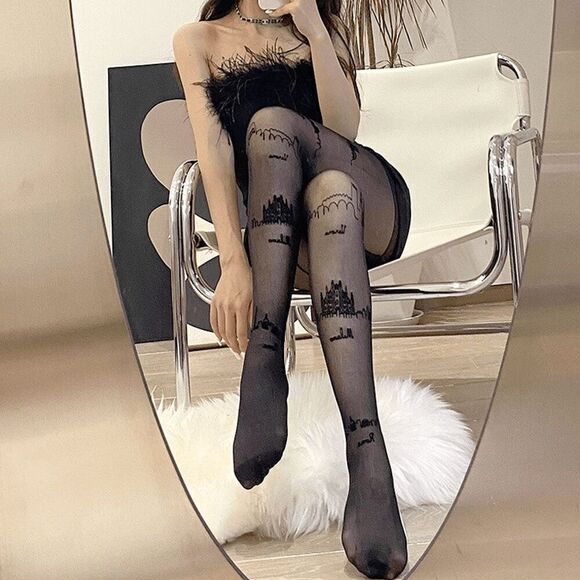 🏙️ Travel Cities Tattoo Printed Tights Black Sheer Nylon Pantyhose Hosiery NEW - Picture 6 of 16